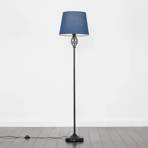 ValueLights Memphis Traditional Style Black Barley Twist Floor Lamp with Navy Blue Tapered Light Shade - with LED GLS Bulb