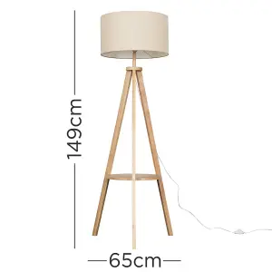 ValueLights Morrigan Light Wood Tripod Design Floor Lamp with Storage Shelf and Beige Drum Shade