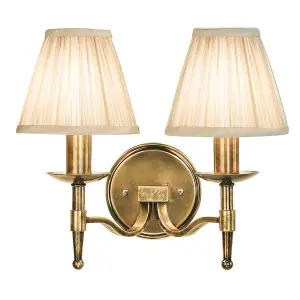 Luminosa Stanford 2 Light Indoor Twin Candle Wall Light Antique Brass with Beige Shades, E14