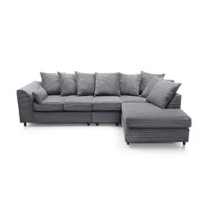 Jumbo Large Grey Cord Right Facing Corner Sofa for Living Room with Thick Luxury Deep Filled Cushioning