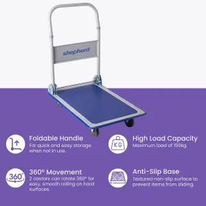 Folding Platform Trolley 150kg, Heavy-Duty Push Cart, Equipment Appliance Furniture Removal Hand Truck with Handle, Anti-Slip Deck