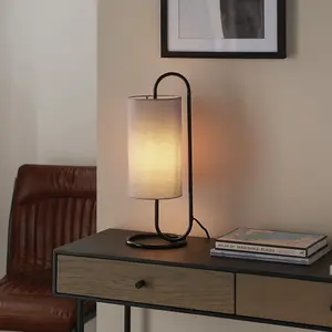 Modern Matt Black Oval Table Lamp Desk Light & Grey Fabric Cylinder Shade