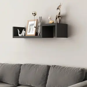 Set of 2 Black Wooden Wall Mounted Floating Shelves 58cm (W) x 10cm (D) x 12cm (H)