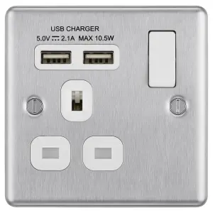 GoodHome Brushed Steel Single 13A Raised rounded Switched Screwed Socket with USB, x2 & White inserts