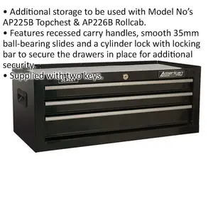 Lockable Black 3 Drawer Tool Chest - 670 x 315 x 255mm Storage Solution