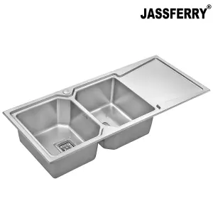 JASSFERRY Brilliant Inset Kitchen Sink 1.2 mm Stainless Steel Double Bowl Right Hand Drainer Square Strainer Plug