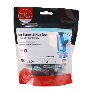 Timco - Set Screws & Hex Nuts - Grade 8.8 - Zinc (Size M12 x 25 - 25 Pieces)