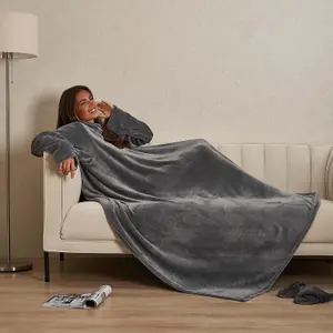 OHS Coral Fleece Wearable Blanket with Sleeves Throw, Charcoal - 135 x 170cm