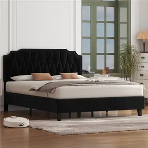 Upholstered Bed Frame with with Button-Tufted Headboard Black / Double