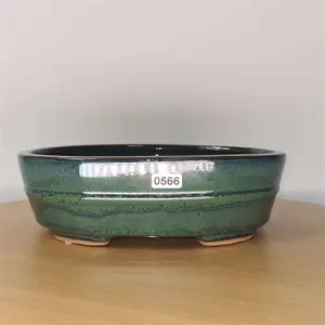 22cm Glazed Bonsai Pot - Oval - 22cm x 16cm x 7cm - Green