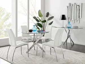 Furniturebox UK Novara Chrome Metal Round Glass Dining Table And 4 White Isco Dining Chairs