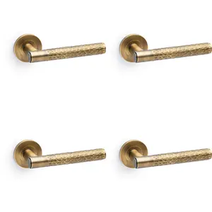 4 PACK - SOLID BRASS Hammered Door Handle Set - Italian Brass Straight Lever Round Rose