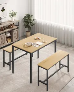 VASAGLE Dining Table with 2 Benches, 3 Piece Set,  2 Benches of 30 x 97 x 50 cm Each, Steel Frame, Golden Oak and Ink Black