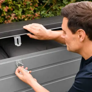 Outdoor Garden Storage Box Plastic Shed - Weatherproof & Sit On with Wood Effect Chest (680L, Anthracite)