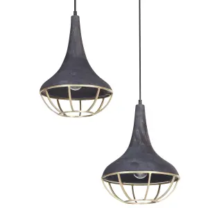 2 Light Mango Wood Pendant Lamp Black and Brass BAGMATI