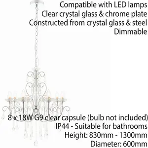 Bathroom Ceiling Pendant Light Chrome & Crystal IP44 8 Bulb Hanging Lamp Rose