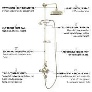 ENKI Downton English Gold White Traditional 2-Outlet Brass Thermostatic Shower Set with Rigid Riser Rail 200mm