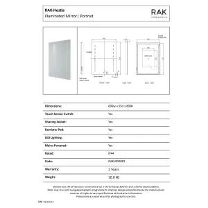 RAK Hestia 600x800mm Silvery White Square with Touch Sensor Illuminated Mirror IP44