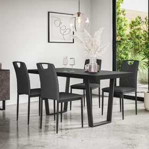 Aria Dining Table And Chairs -  Black Table Top w Black Legs + Monza Linen Dining Chair Set Of 4 (Charcoal)