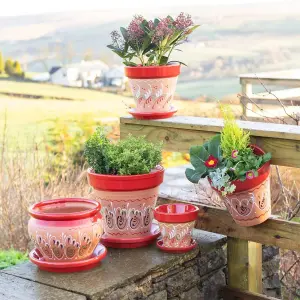 Inca Red Hand Painted Set of 3 Classic Plant Pots & Drainage Plates (D) 16-29cm