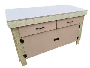 Wooden MDF top storage workbench with lockable cupboard and drawers (V.4)  (H-90cm, D-70cm, L-180cm)