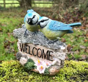 WELCOME sign ornament with BlueTits on old log, garden bird lover gift