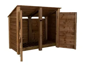 Wooden log store (roof sloping back) with door W-146cm, H-126cm, D-88cm - brown finish