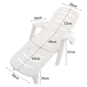 White Outdoor Plastic Foldable Garden Poolside Lounger Chair Adjustable Chaise Lounge Recliner with Wheels