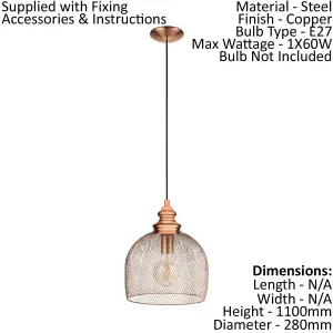 Hanging Ceiling Pendant Light Copper Wire Mesh Shade 1x 60W E27 Feature Lamp