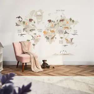 Scandi Safari Map Mural In Natural (350cm x 240cm)