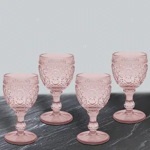 Wine Glasses Pink 4-Set Embossed Design Bar Liquor Champagne Glass Drinkware