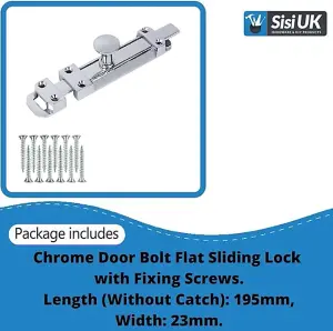 Door Bolts 8 Inch Chrome Flat Bolt Surface Door Latches Tower Bolt Sliding Lock Flat Slide Safety Door Barrel Bolt with Screws