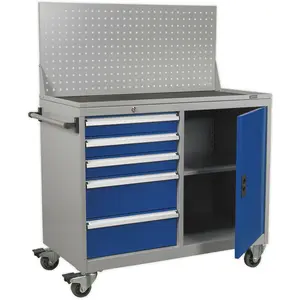 Versatile Industrial Mobile Workstation with 5 Drawers, 1 Shelf, and 4 Wheels for Easy Mobility