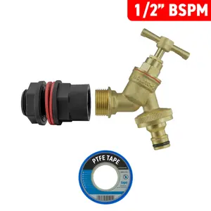 water butt/water storage tank outlet adaptor +brass bib tap +ptfe tape(requires a 21mm hole)