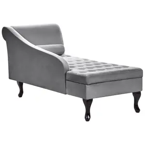 Right Hand Velvet Chaise Lounge with Storage Light Grey PESSAC