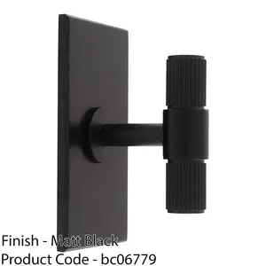 Reeded T Bar Cabinet Door Knob & Matching Backplate Lined Matt Black 76 x 40mm