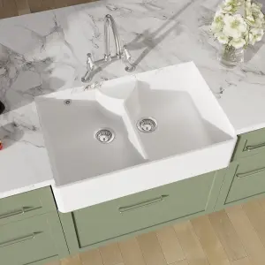 Fireclay Kitchen Bundle - Double Bowl Stepped Weir Butler Sink, Wastes & Bridge Lever Tap, 895mm - Chrome - Balterley