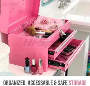 Hi-Spec Pink Steel Metal Chest & Drawers Tool Organiser Box / Carry Case: High-Gloss Finish Portable Storage for Everyday Use