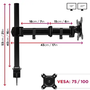 Duronic DM251X3 /BK 1-Screen Monitor Arm with Desk Clamp and VESA Bracket, Adjustable Height Tilt Swivel Rotation - 13-27 - black