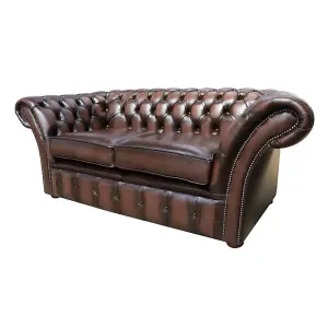 Chesterfield 2 Seater Antique Brown Real Leather Sofa Settee Bespoke In Balmoral Style