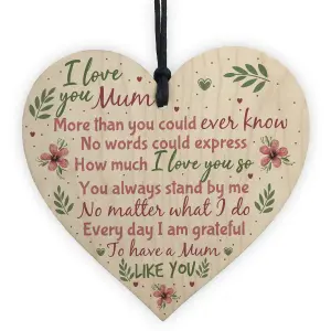 Red Ocean I Love You Mum Handmade Wooden Heart Sign Cute Mum Mummy Thank You Birthday GIFT For Her Plaque