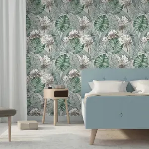 Muriva Grey Tropical Water coloured effect Embossed Wallpaper