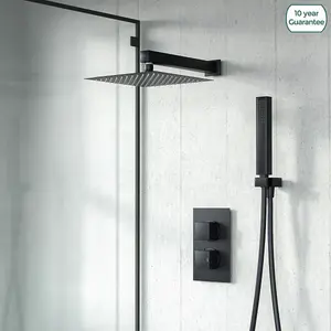 Black Matt Square Rainfall Shower Head with Hand Held Thermostatic Valve Temel