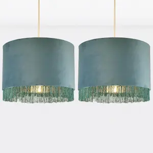 First Choice Lighting Set of 2 Teal Velvet With Chrome Inner Tassled Light Shades