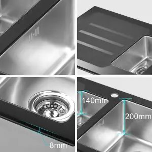 JASSFERRY Black Glass Top Kitchen Sink Stainless Steel 1.5 Deep Bowl Left Hand Drainer with Draining Groove