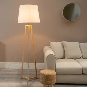 ValueLights Lottie Natural Wood Tripod Floor Lamp with White Tapered Shade - LED Bulb Included