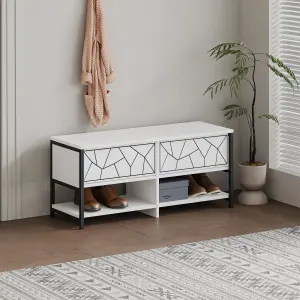 Decortie Modern Inola Shoe Bench White Engineered Wood Geometric Laser-Cut Shape on 2-Door Cupboard 105(W)cm Metal Legs Hallway