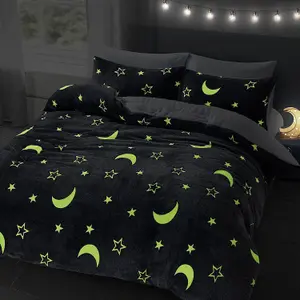 Moons & Stars Glow In The Dark Grey Kids Boys Girls Grey Reverse Soft Feel Fleece Duvet Cover Quilt Bedding Set with Pillowcases