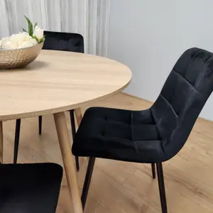 Round Oak Effect Kitchen Dining Table With 4 Black Velvet Tufted Chairs Dining Set