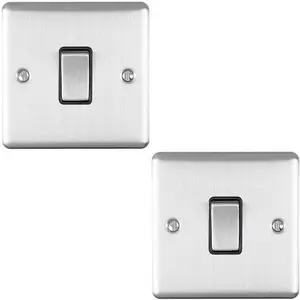 2 PACK 1 Gang Single Light Switch SATIN STEEL 2 Way 10A Black Trim & Metal